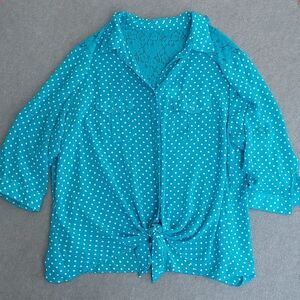 Allison Brittney Woman Turquoise Polka Dot Tie-Front Top 3X Lace Back